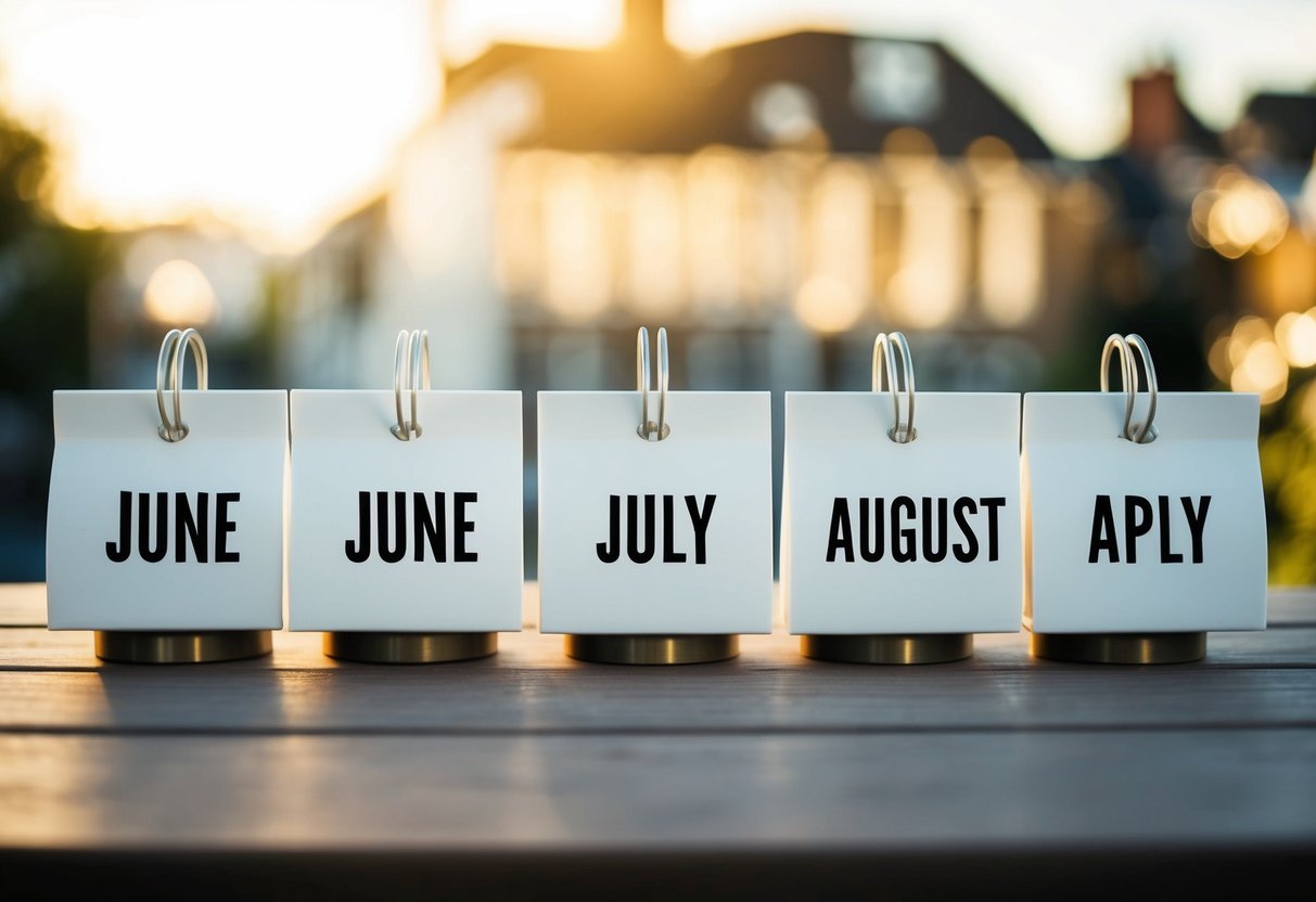 A calendar with highlighted months of June, July, and August, symbolizing peak wedding months in the UK