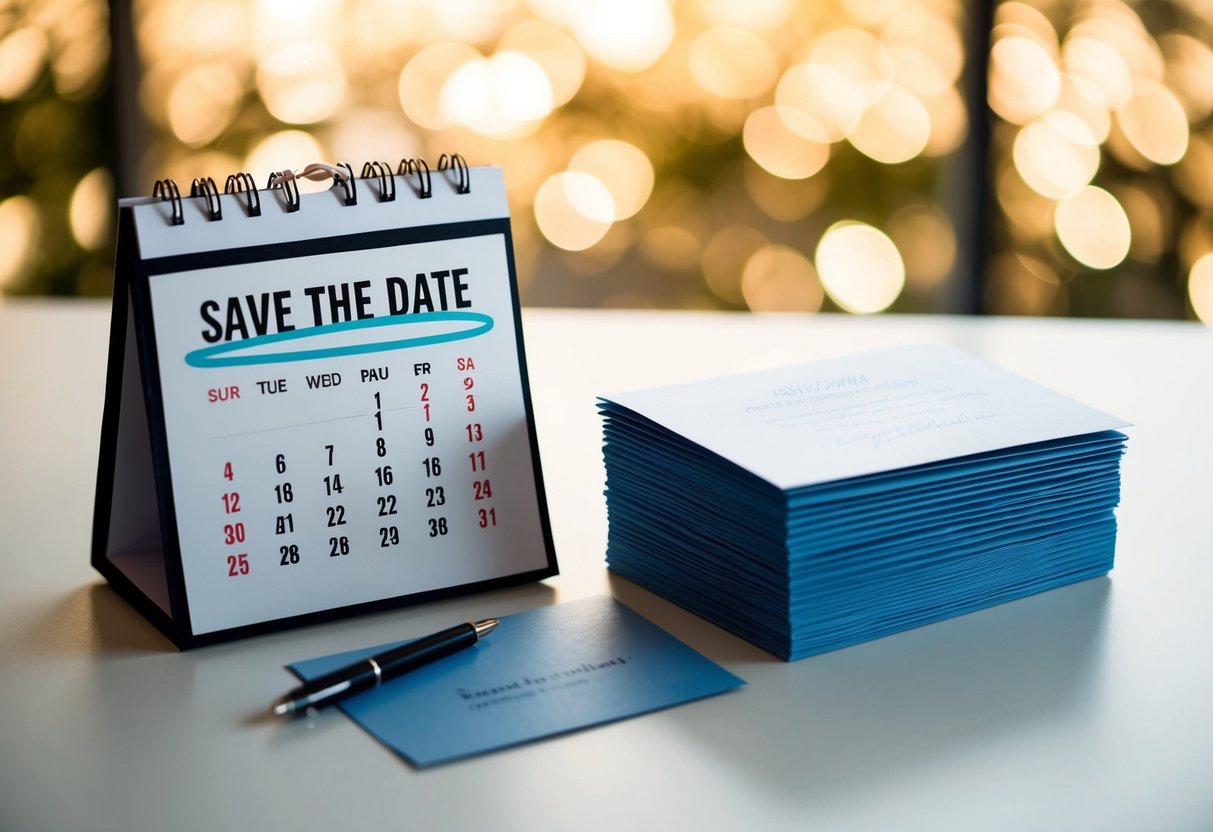A calendar with a save the date circled and a stack of unopened invitations next to it