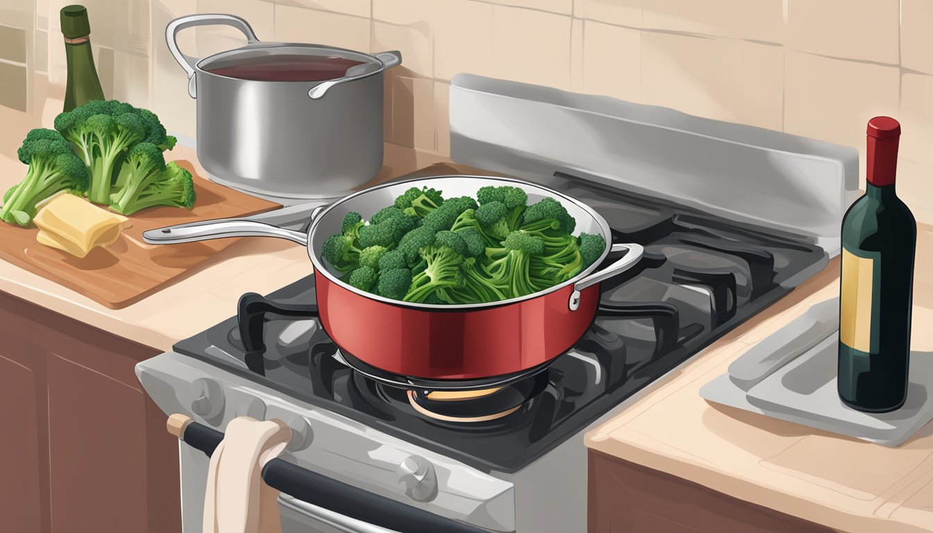 A steaming pot of broccoli rabe and sausage pasta being gently reheated over a stovetop, with a glass of red wine nearby