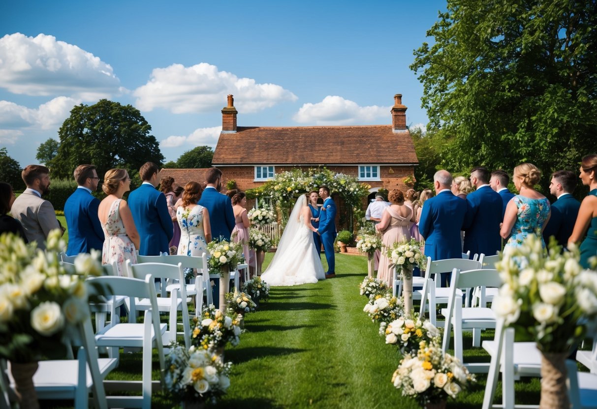 A picturesque countryside wedding in the UK during the peak summer months, with blooming flowers, clear blue skies, and a charming outdoor ceremony