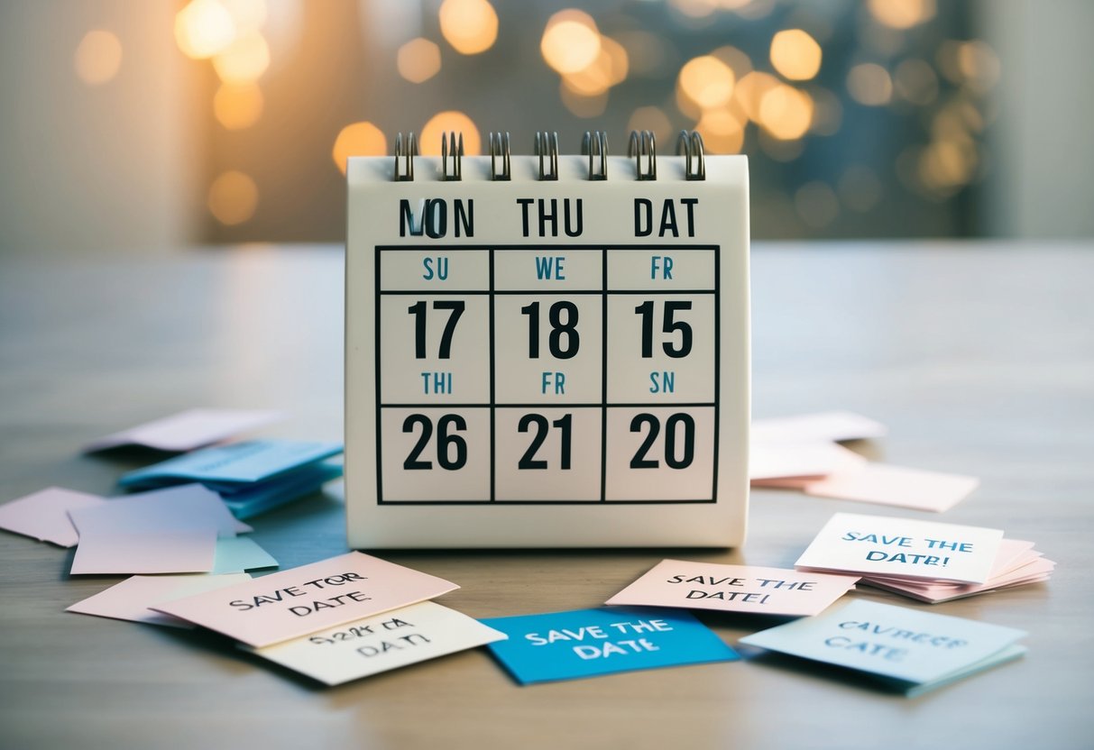 A calendar with the date two months in the past, surrounded by scattered save the date cards and a look of frustration