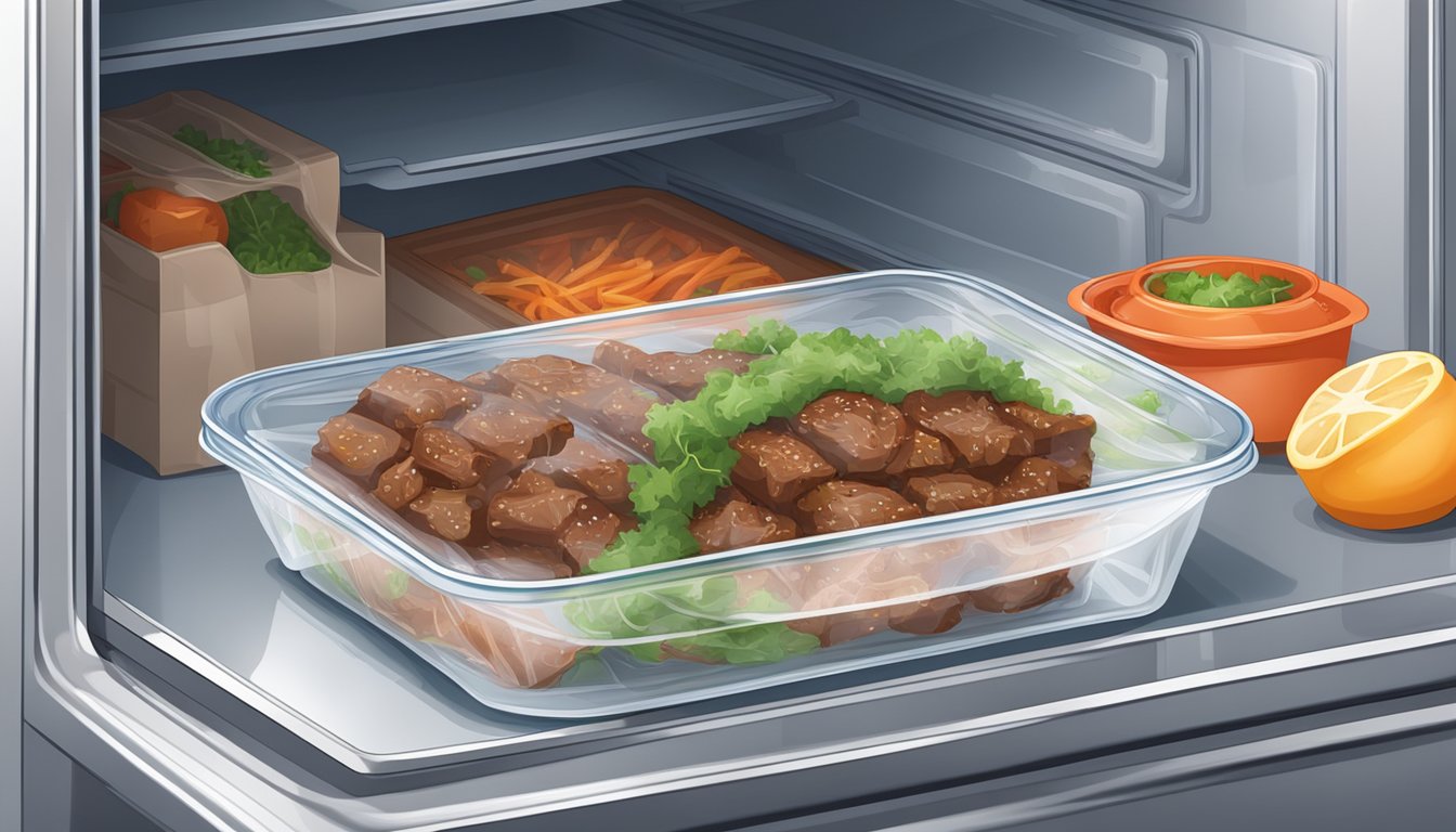 A plate of bulgogi wrapped in plastic wrap inside a refrigerator