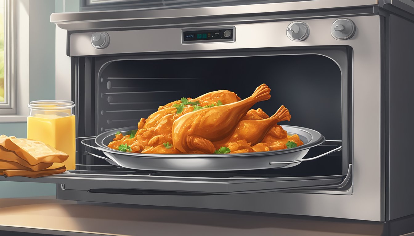 A plate of butter chicken sits in an oven, surrounded by warm air