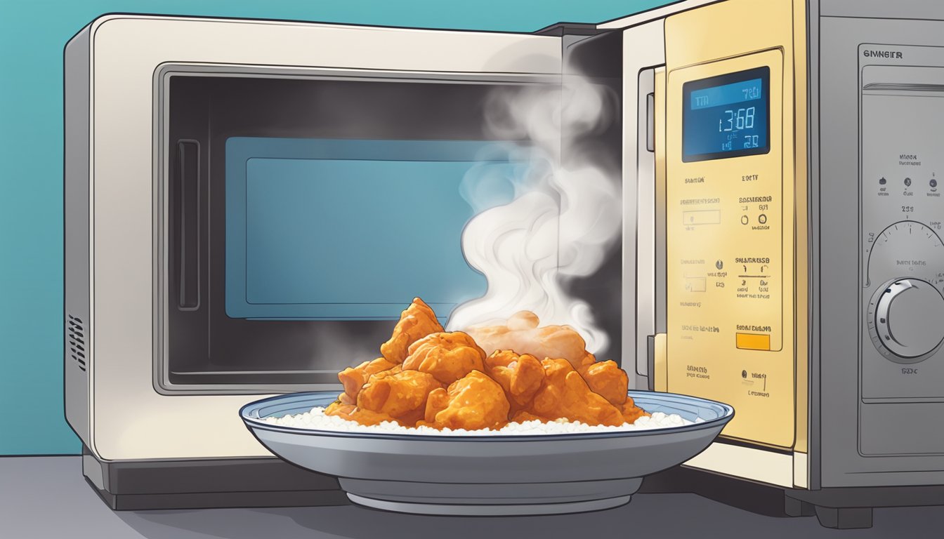 A plate of butter chicken placed in a microwave, with steam rising as it reheats