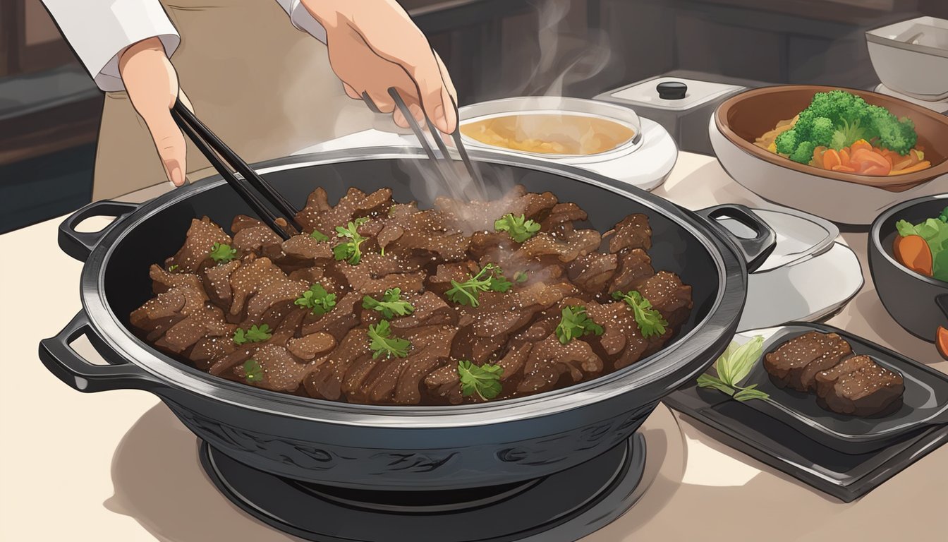 A steaming bowl of bulgogi is being gently reheated in a sizzling hot pan, as the savory aroma fills the air. The meat glistens with a caramelized glaze, and the sound of sizzling intensifies as the flavors meld together