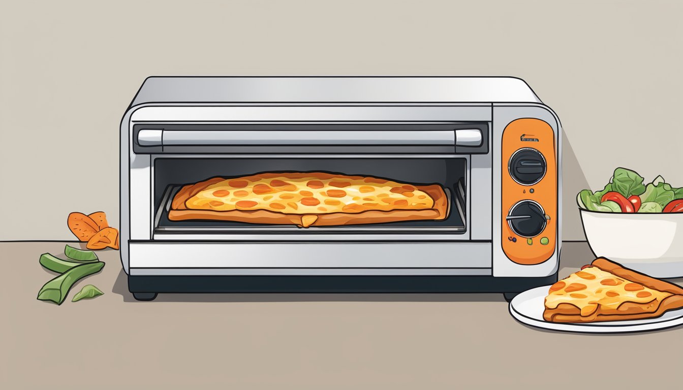 A slice of buffalo chicken pizza being reheated in a toaster oven