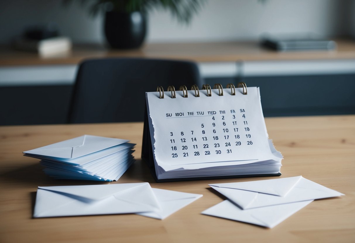 A calendar with a torn page, a stack of unsent envelopes, and a pile of unaddressed cards