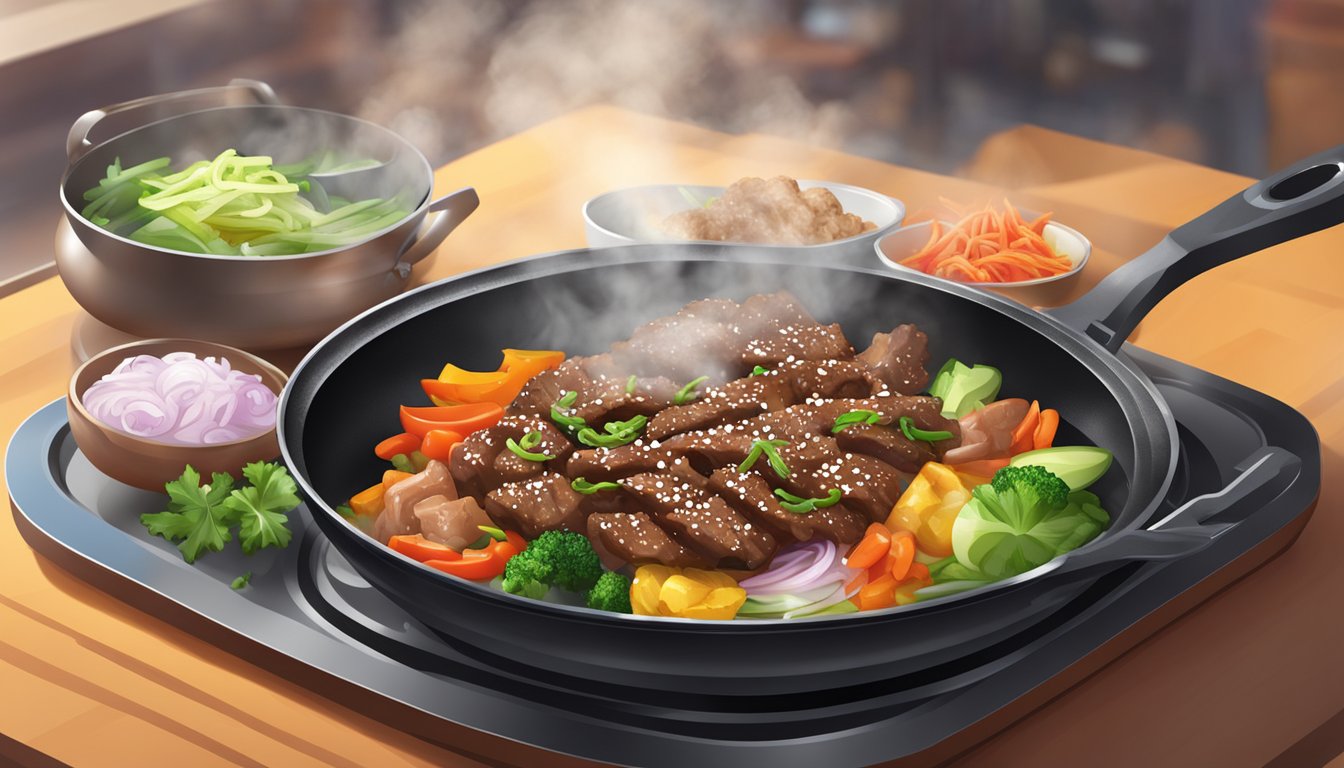 A sizzling bulgogi dish on a hot skillet, steam rising, with colorful vegetables and meat glistening in the light