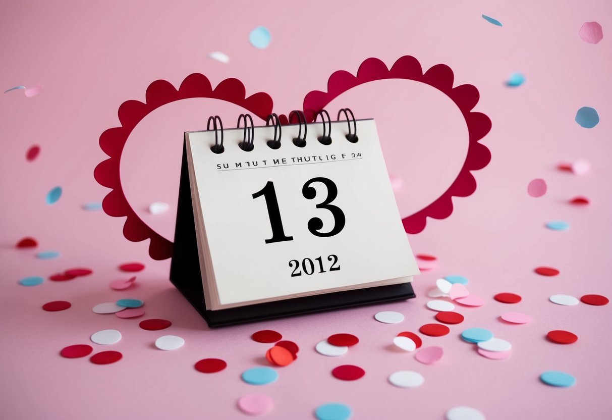 A calendar with a circled date, surrounded by floating confetti and a heart-shaped border