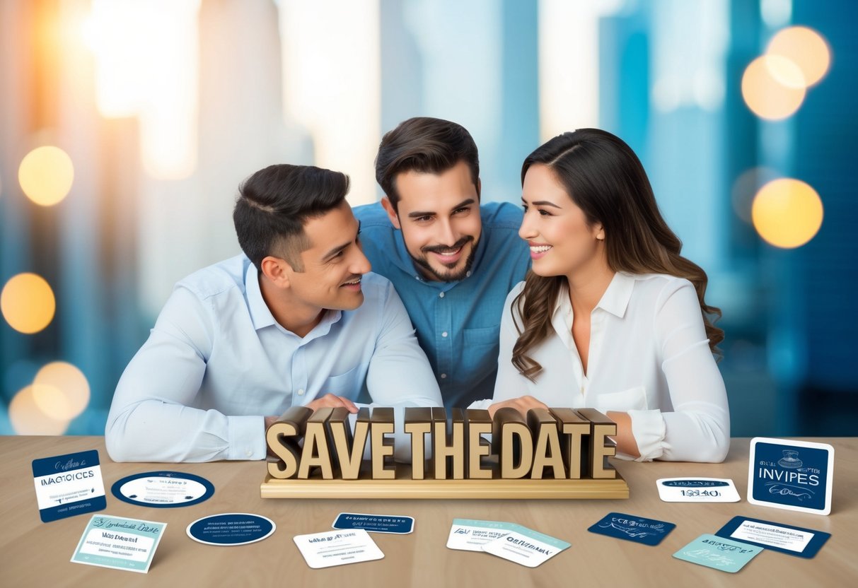 A couple brainstorming creative save the date ideas, surrounded by various options such as custom magnets, digital invites, and unique themed concepts