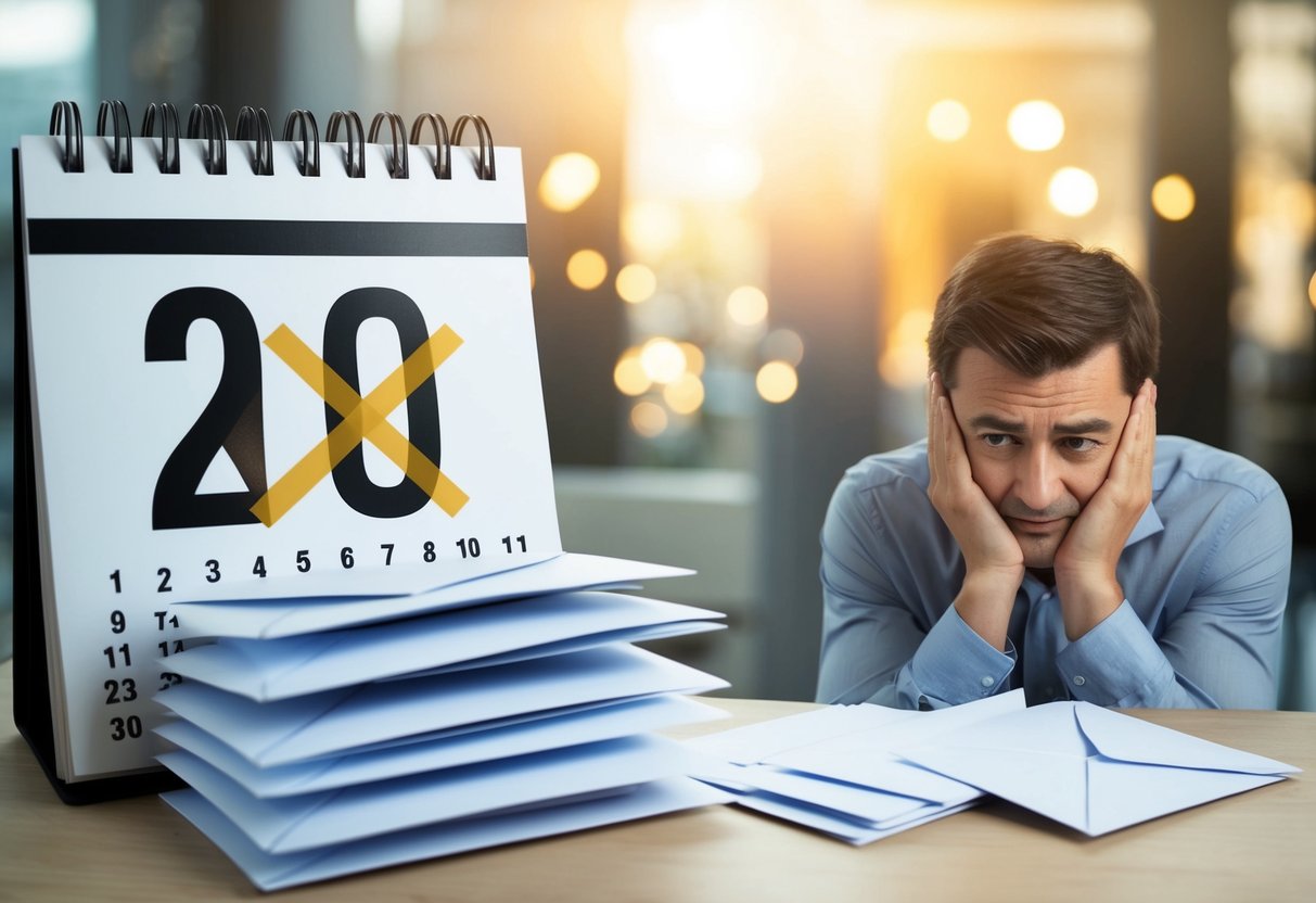 A calendar with a crossed-out date, a pile of unsent envelopes, and a confused person shrugging