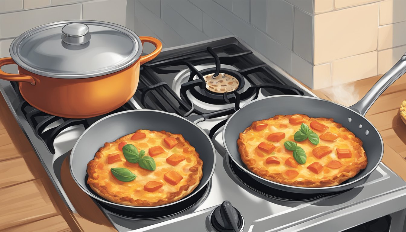 A pan sits on a gas stove flame, heating up leftover buffalo chicken pizza