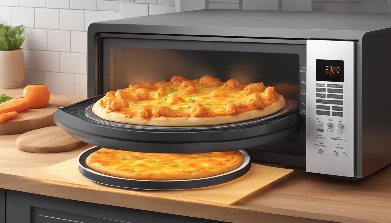 A slice of buffalo chicken pizza rotating on a microwave turntable, with steam rising and melted cheese bubbling