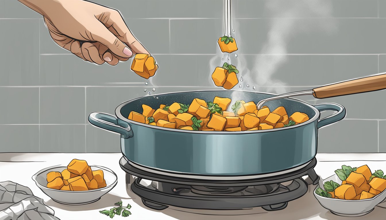 A steaming pot of water with butternut squash gnocchi being gently lowered in