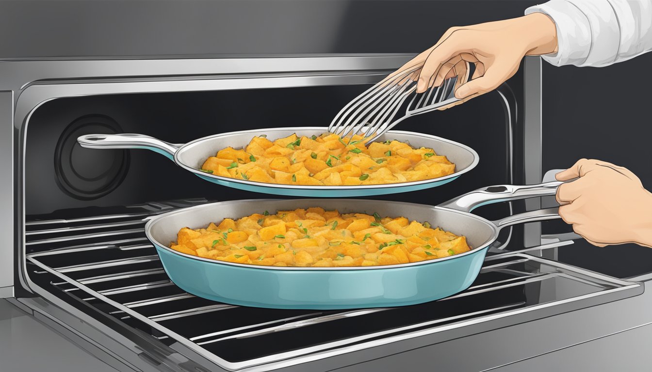 A steaming dish of butternut squash gratin being removed from the oven