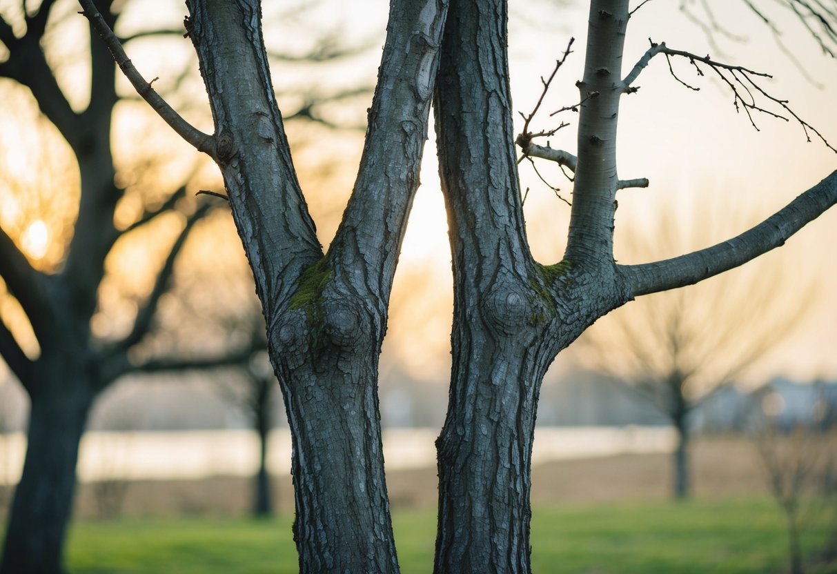 A pair of intertwined tree branches, weathered and strong, standing together against the elements