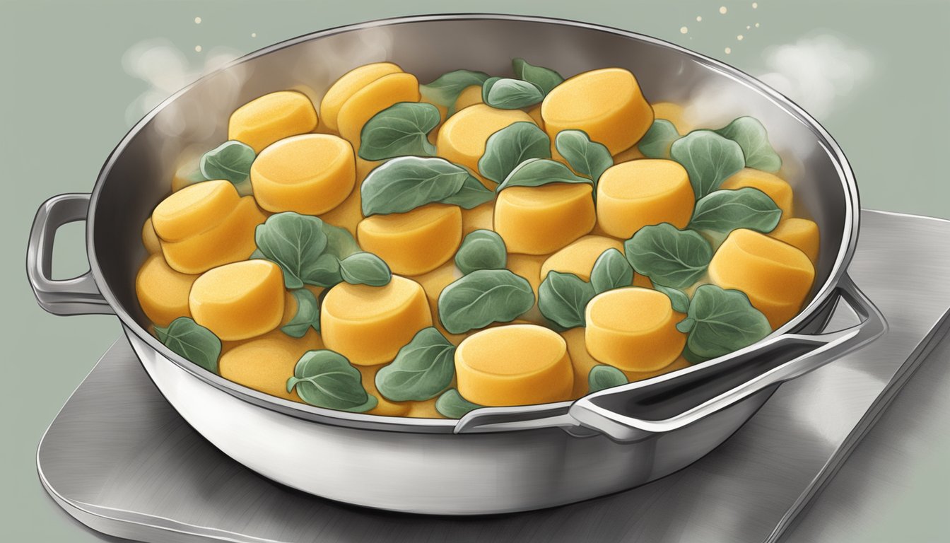 A bowl of butternut squash gnocchi being gently heated in a skillet, with steam rising and the gnocchi maintaining their soft and pillowy texture