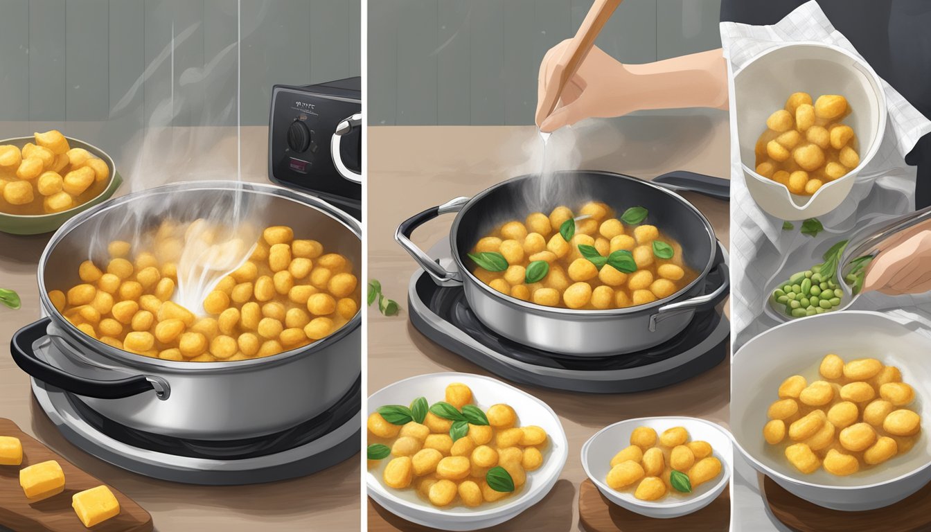 A steaming pot of water with butternut squash gnocchi being gently lowered in, a microwave with a plate of gnocchi covered with a damp paper towel, and a skillet with gnocchi sizzling in olive oil