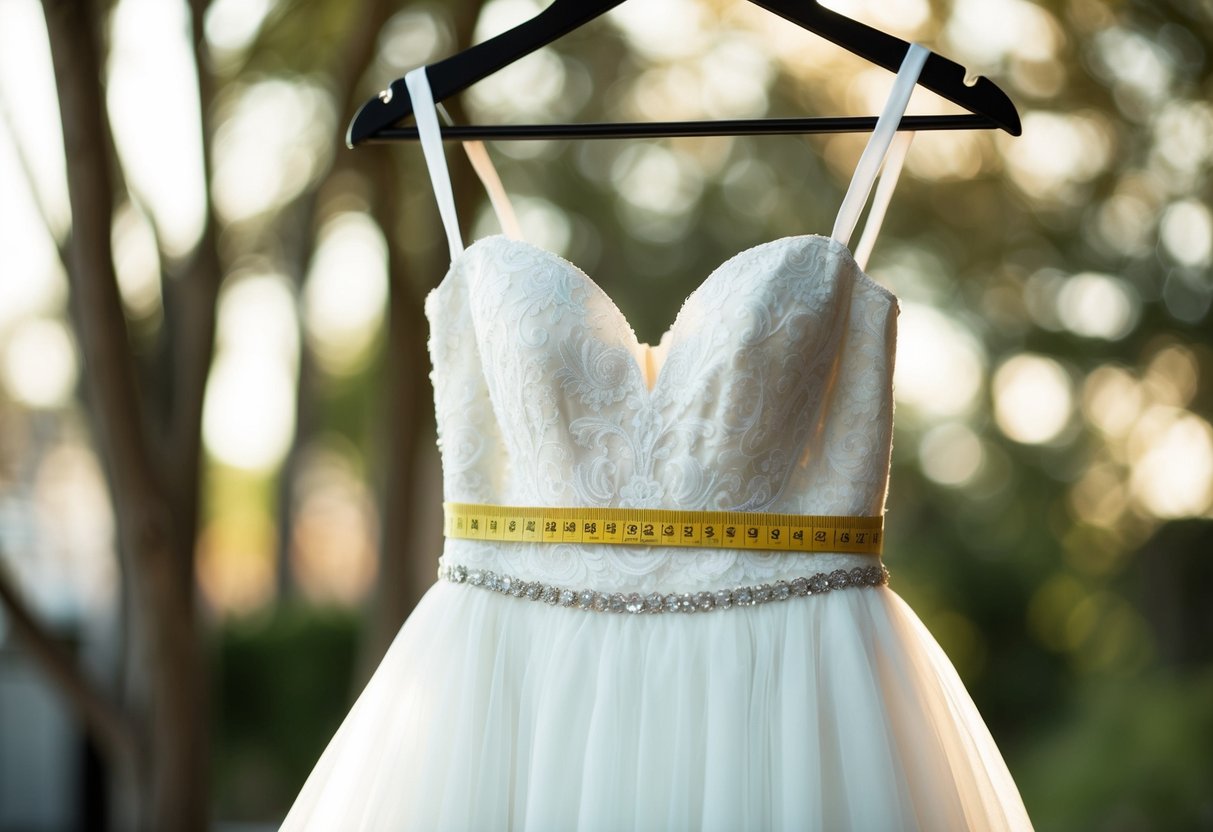 A bride's dress hanging on a hanger, with a measuring tape wrapped around the waist