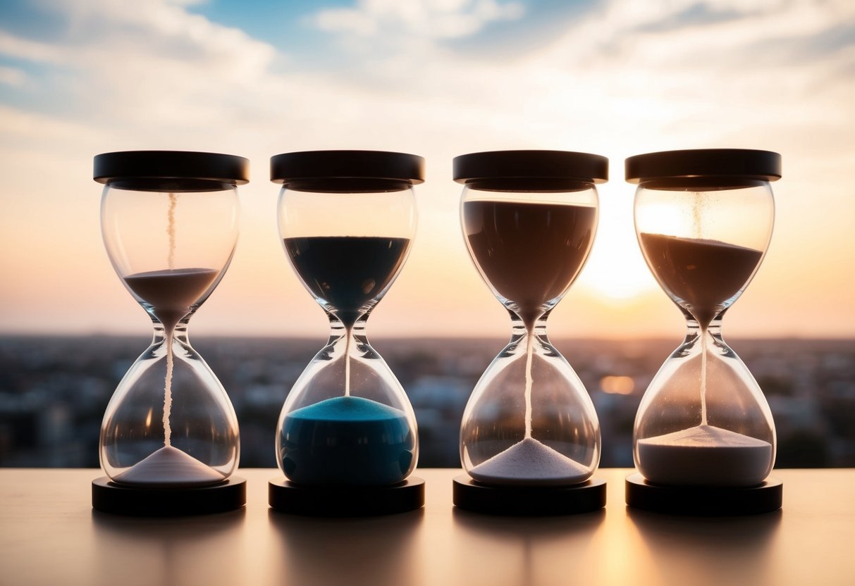 A series of interconnected hourglasses of varying sizes, each representing a different developmental stage, with sand flowing through them at different rates