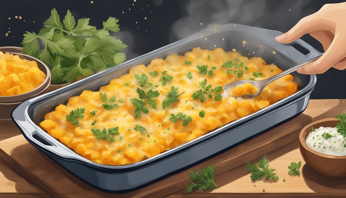 A steaming butternut squash gratin being removed from the oven, with golden brown cheese bubbling on top and a sprinkle of fresh herbs