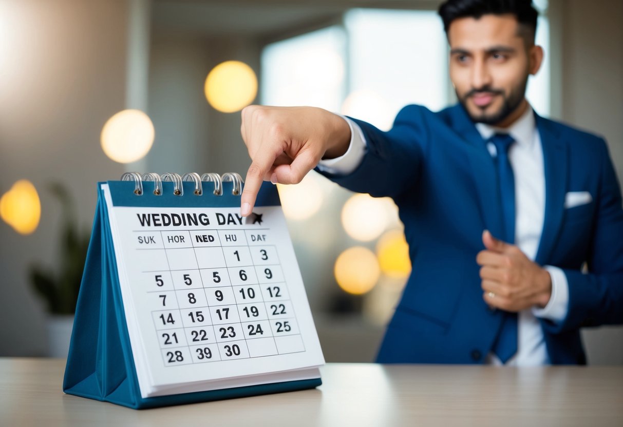 A person standing in front of a calendar, pointing to a date marked as their wedding day, with a determined expression on their face