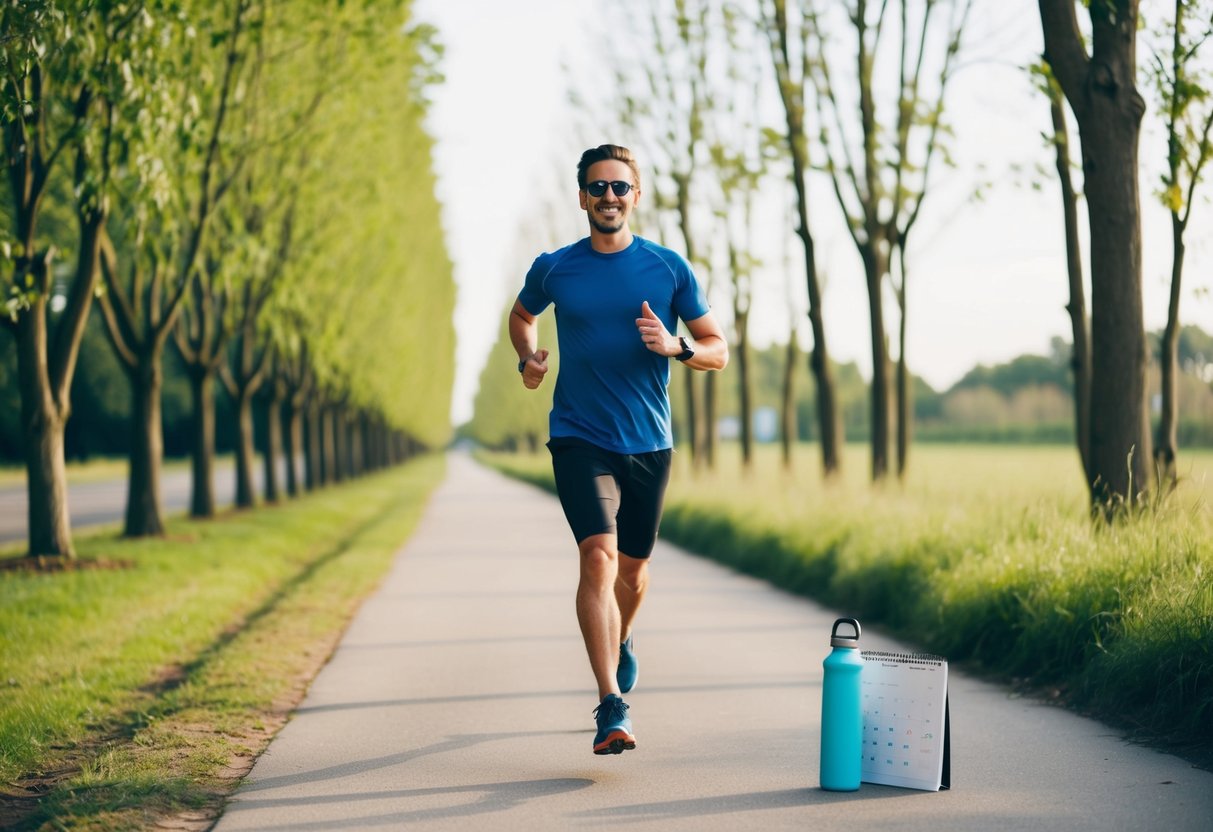 A person jogging along a tree-lined path with a reusable water bottle and a sustainable exercise plan calendar in hand