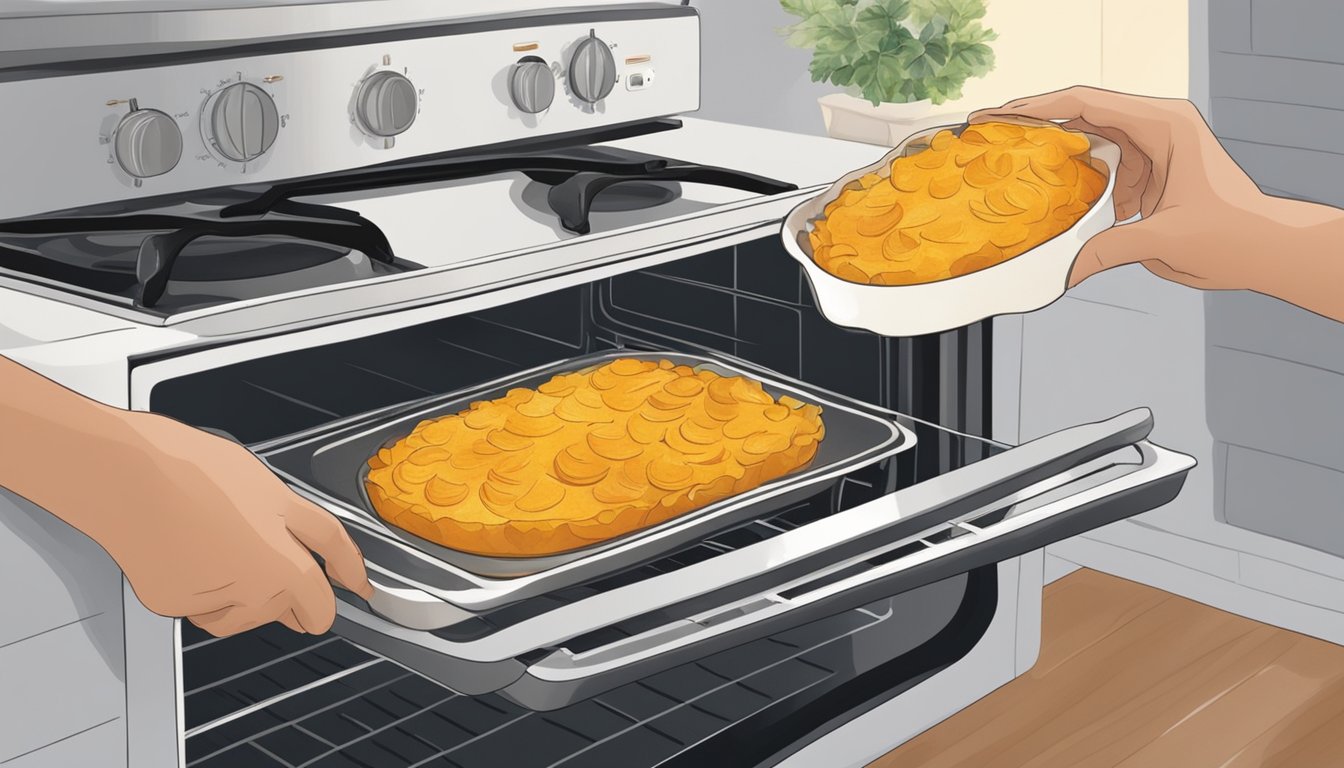 A person using oven mitts to remove a steaming butternut squash gratin from the oven