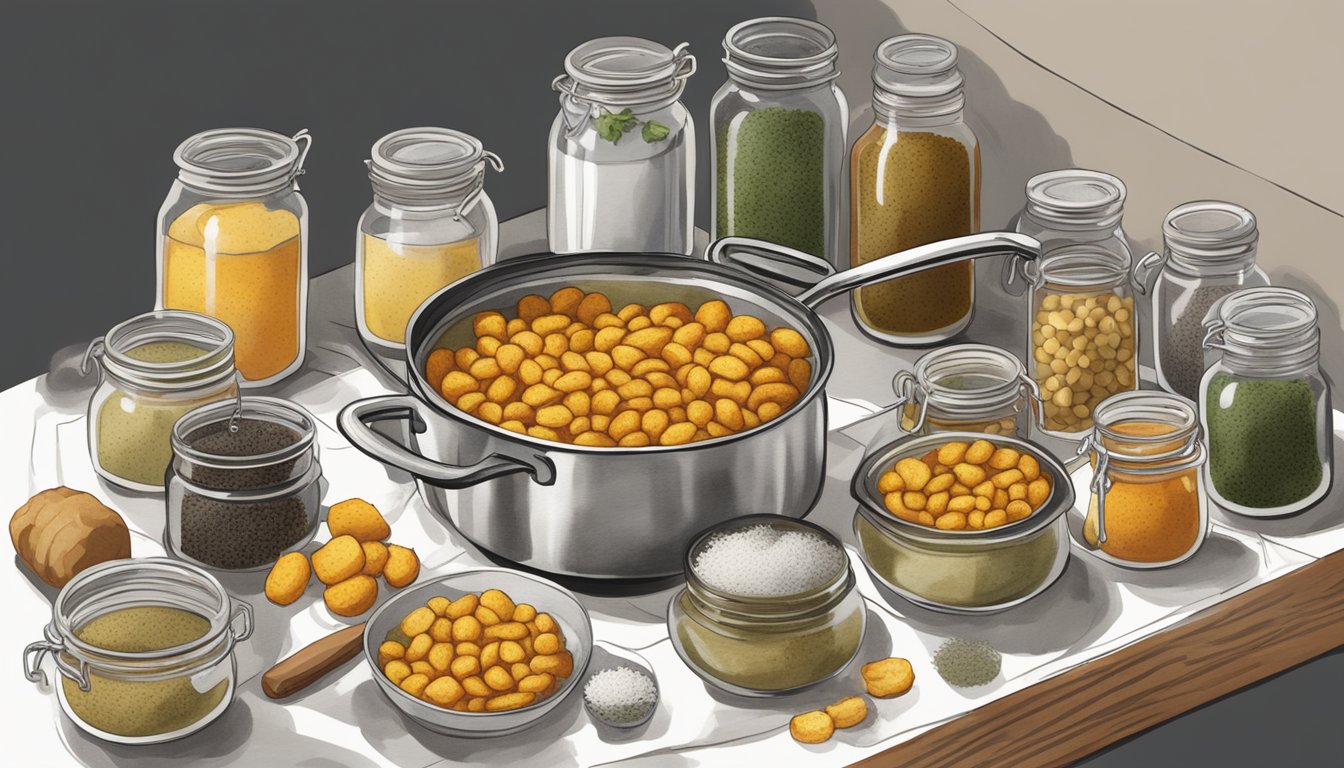 A steaming pot of water with butternut squash gnocchi being gently lowered in with a slotted spoon, surrounded by various jars of sauces and seasonings