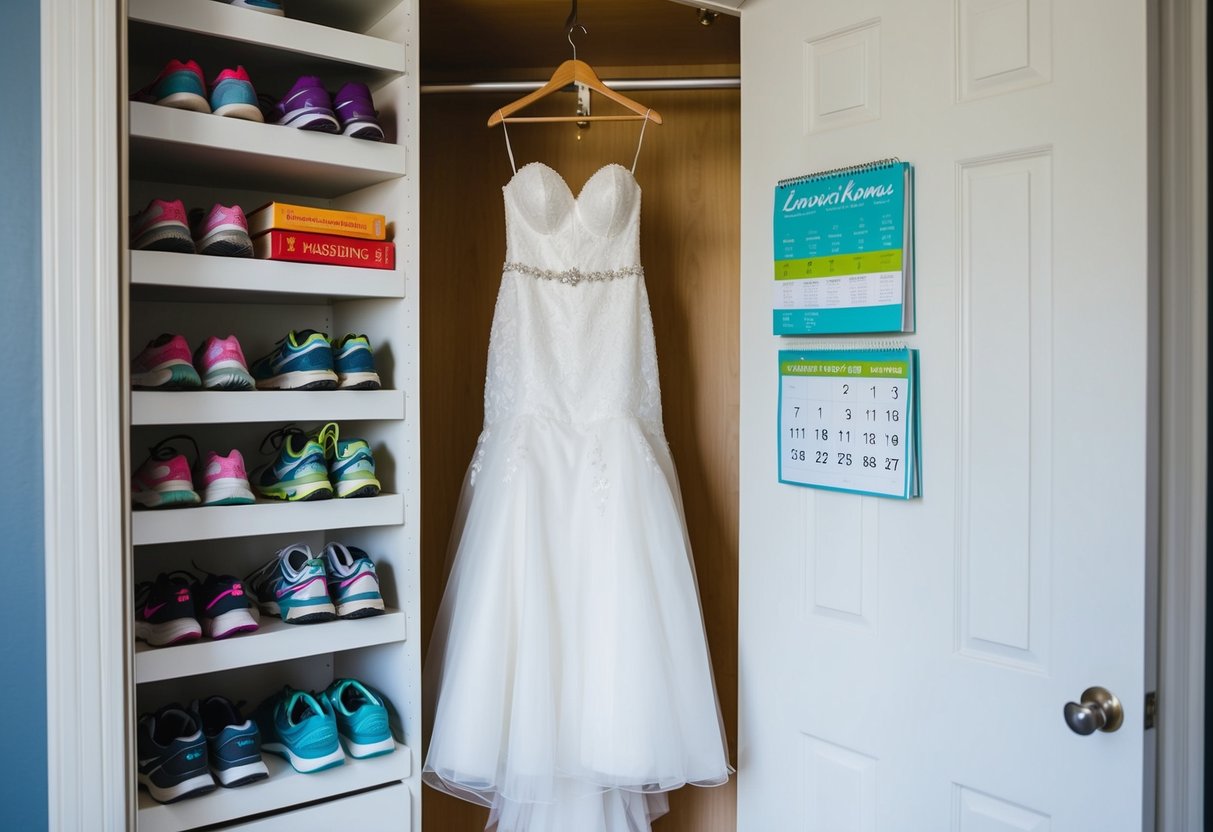 A woman's wedding dress hanging on a closet door, surrounded by a collection of running shoes, healthy cookbooks, and a calendar with a countdown to the wedding date