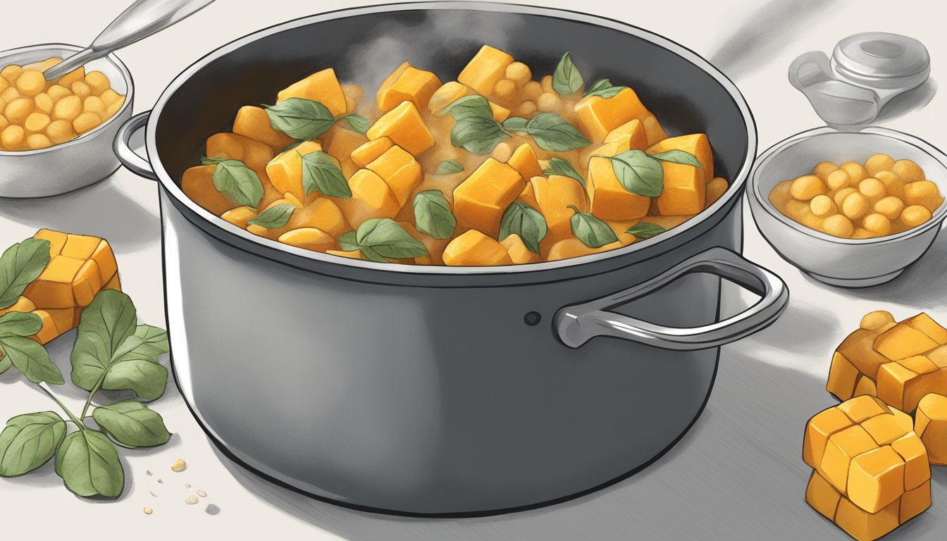 A steaming pot of water with butternut squash gnocchi being gently lifted out with a slotted spoon