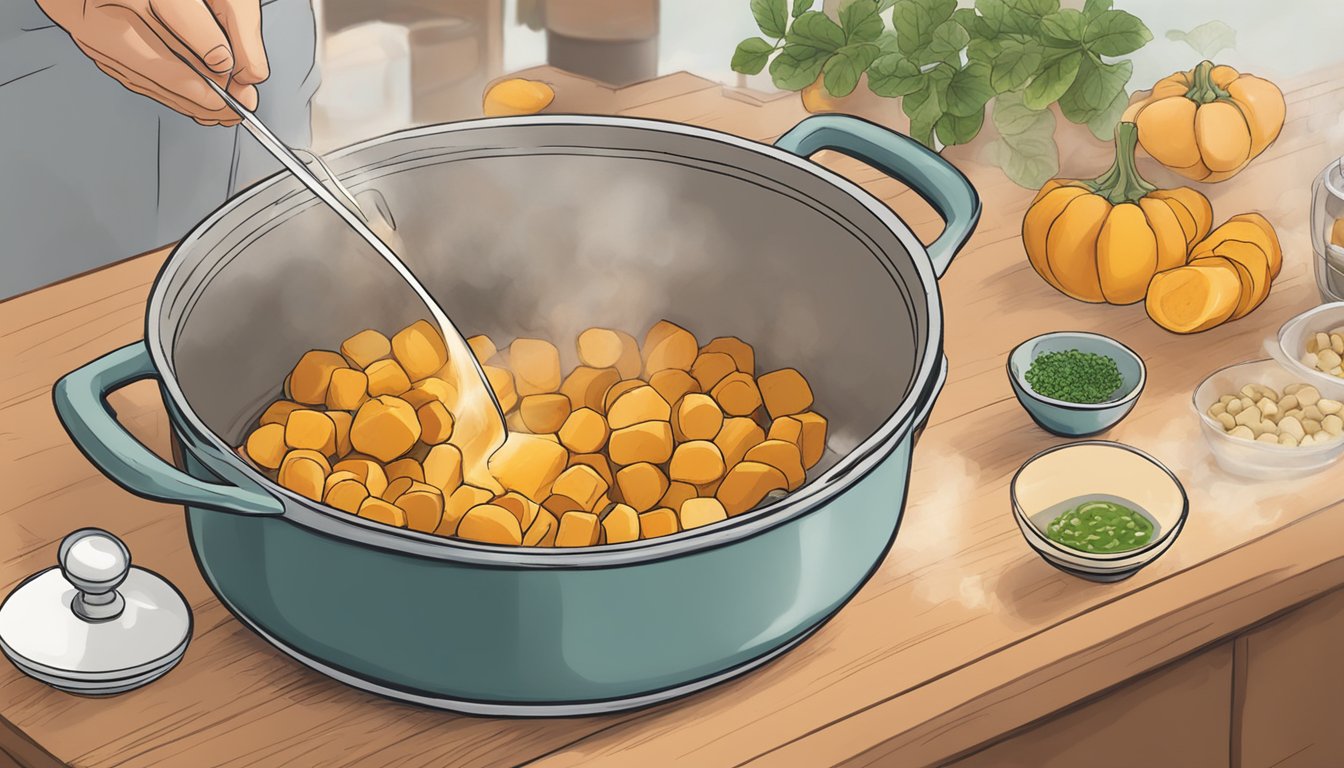 A pot of boiling water with butternut squash gnocchi being gently dropped in