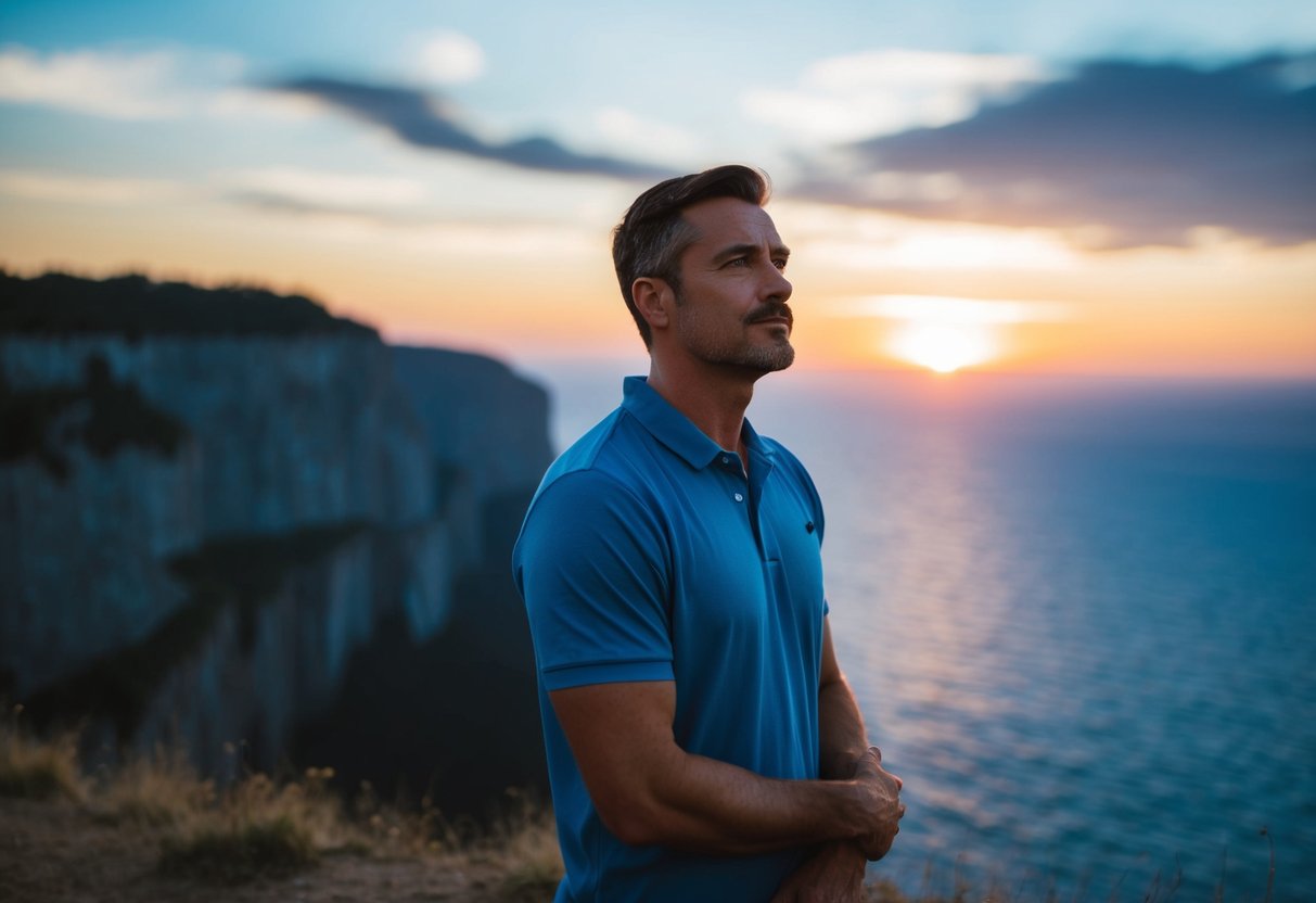 A man standing on a cliff, gazing out at the horizon with a thoughtful expression, as the sun sets in the distance