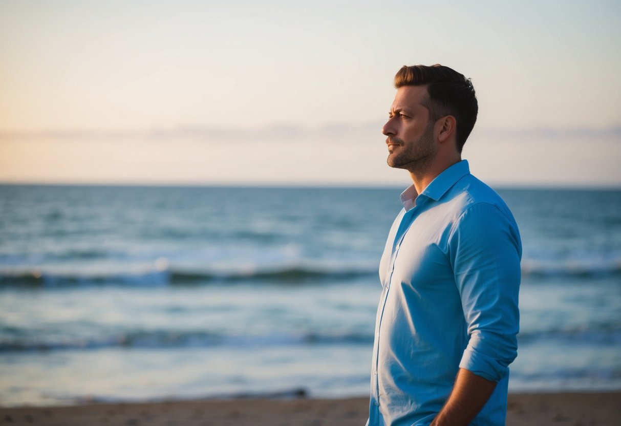 A man standing alone on a quiet beach, staring out at the ocean with a contemplative expression