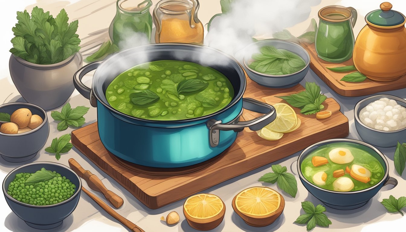 A pot of caldo verde simmering on a stovetop, steam rising, surrounded by traditional Portuguese ingredients and utensils