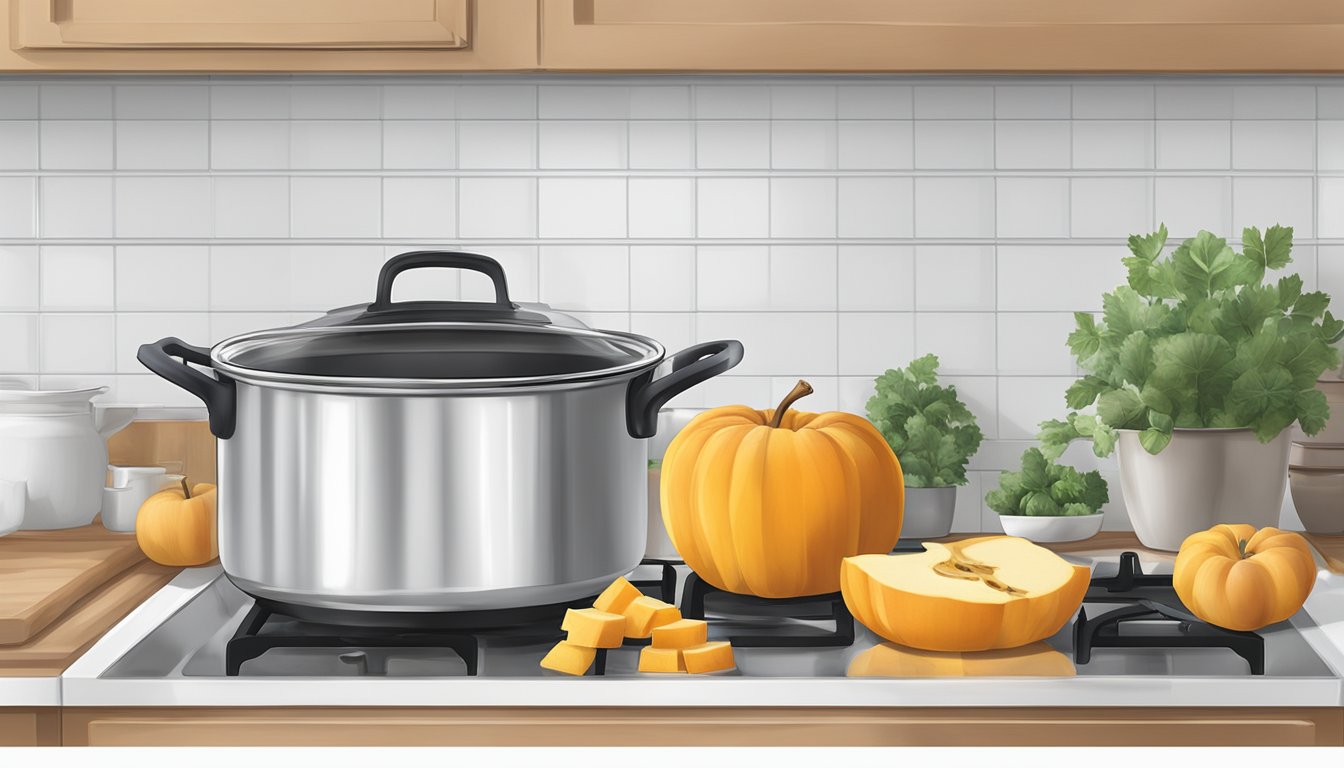 A pot of butternut squash and apple soup sits on a stovetop, steam rising as it is gently reheated, maintaining its creamy texture