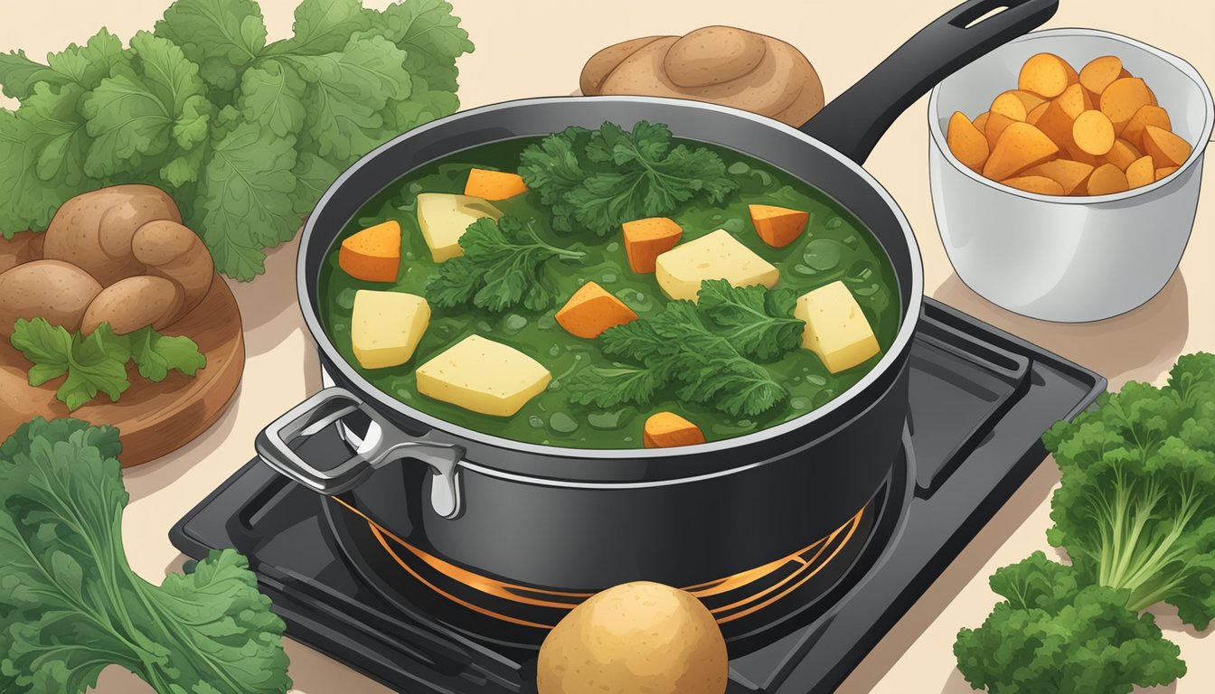 A pot of caldo verde simmering on a stovetop, steam rising, surrounded by fresh kale, potatoes, and chorizo