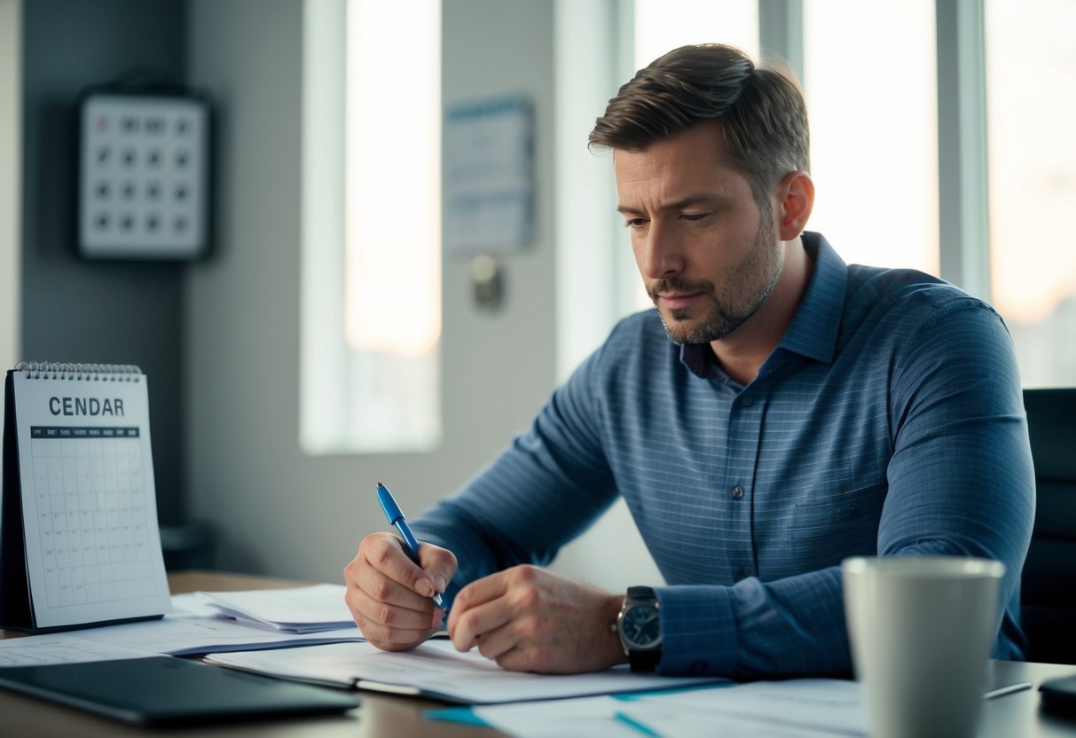 A man sits at a desk, surrounded by papers and a calendar. He is deep in thought, jotting down notes and making lists, with a determined look on his face