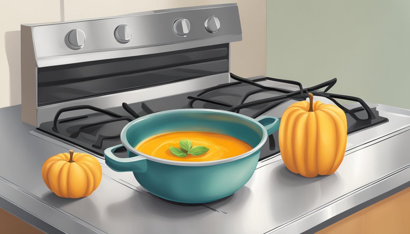 A steaming bowl of butternut squash and apple soup being gently reheated on a stovetop