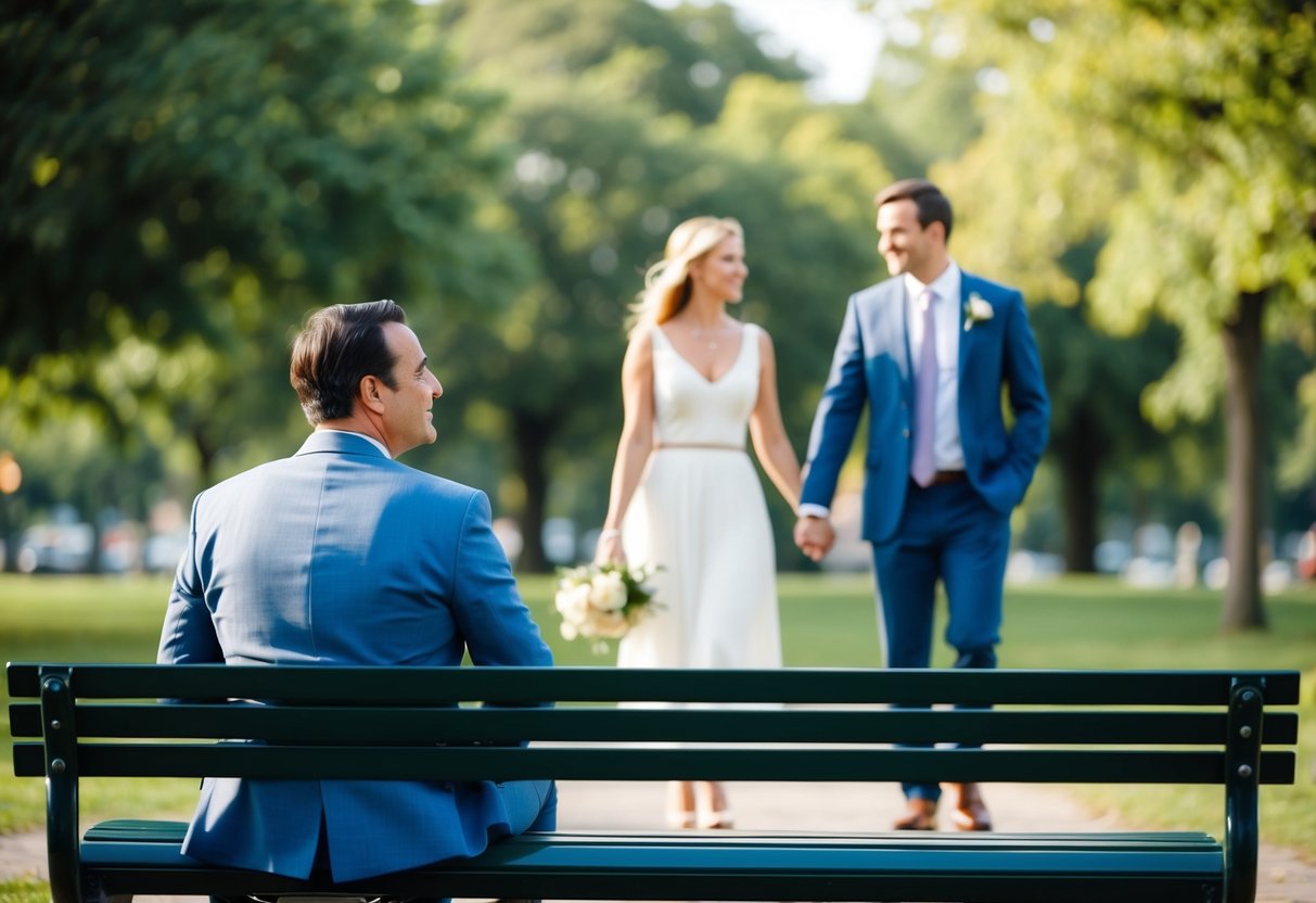 A man sitting on a park bench, gazing at a couple walking hand in hand, with a thoughtful expression on his face