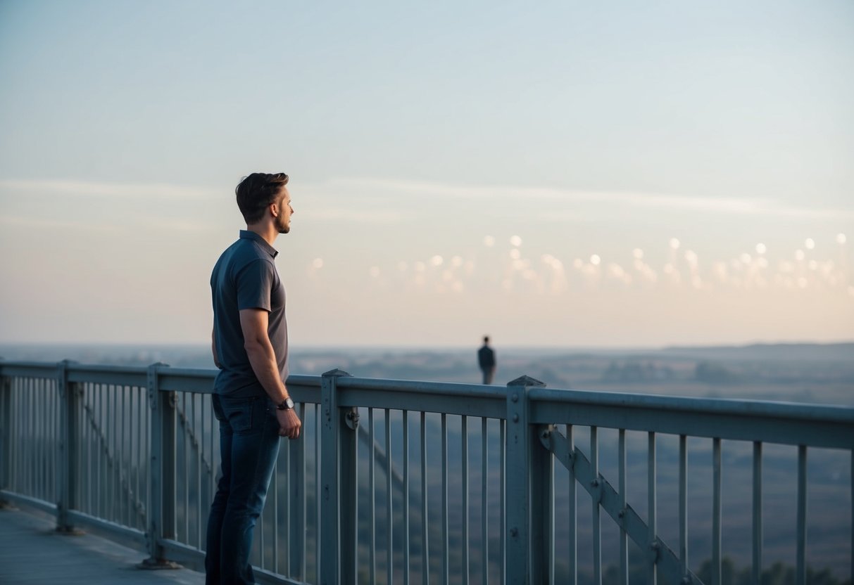 A man standing alone on a bridge, looking out over a vast, empty landscape, with a small figure in the distance approaching him