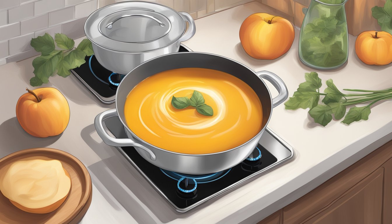 A pot of butternut squash and apple soup is being gently reheated on a stovetop, emitting a warm and comforting aroma