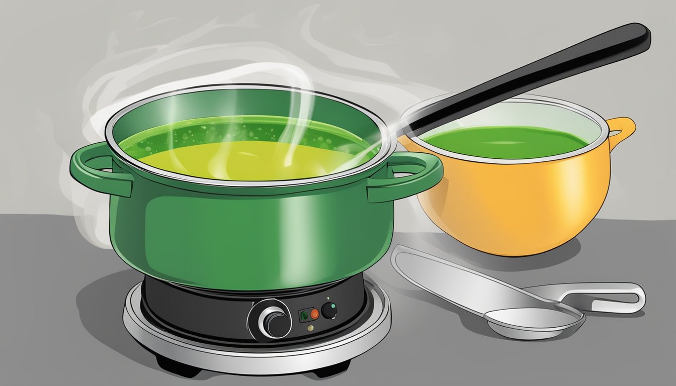 A pot of caldo verde being reheated on a stovetop, steam rising and the soup simmering gently. A ladle rests on the side of the pot