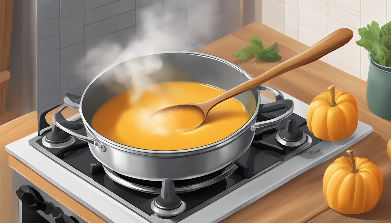 A pot of butternut squash and apple soup being gently reheated on a stovetop, with steam rising and a wooden spoon resting on the edge