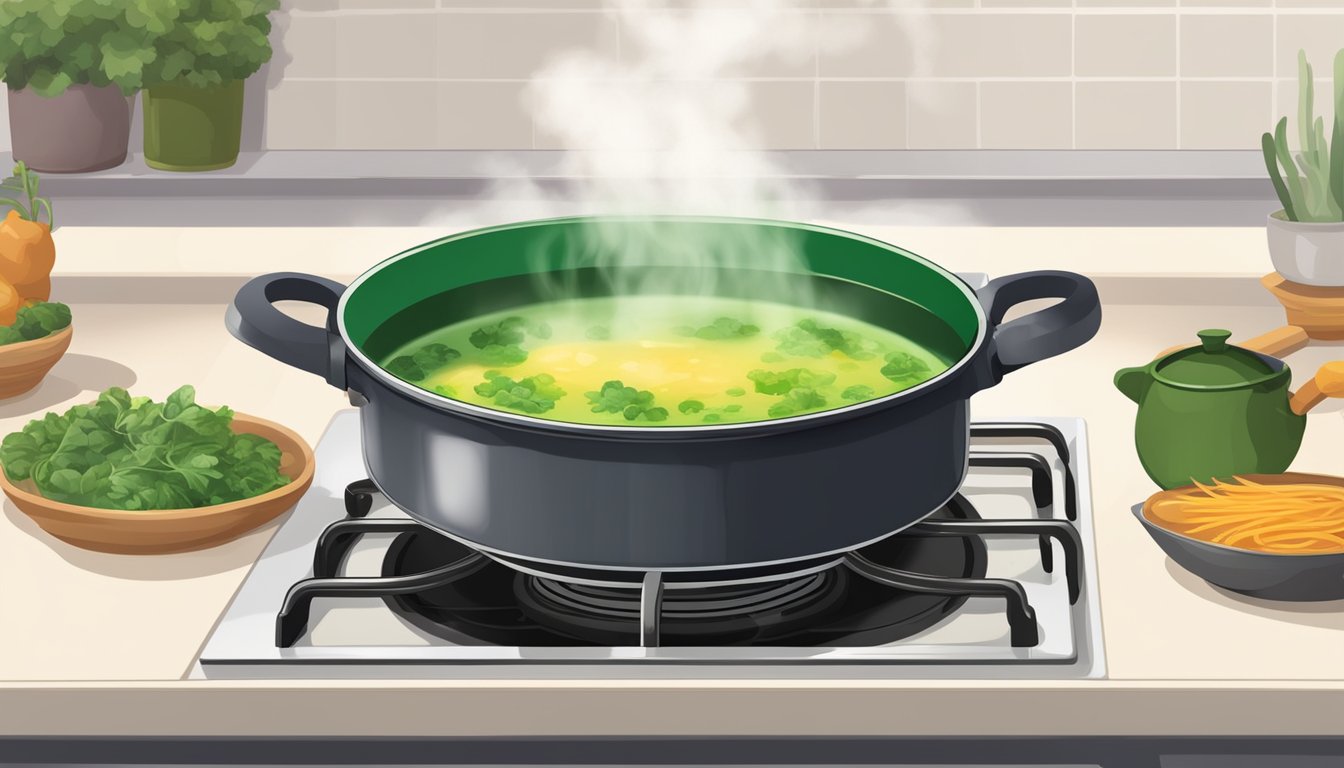 A pot of caldo verde being reheated on a stovetop, steam rising from the simmering soup