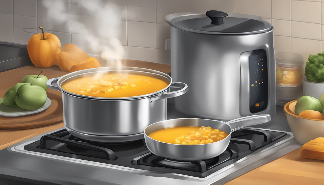 A pot of butternut squash and apple soup sitting on a stovetop, steam rising from the surface. A microwave and stovetop are visible in the background