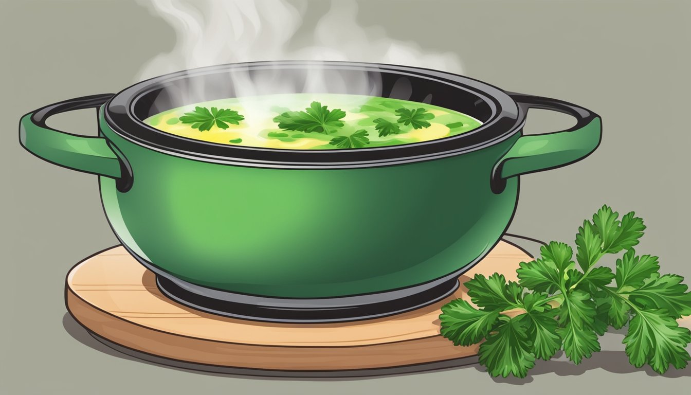 A steaming bowl of caldo verde being reheated on a stovetop, with a spoon and a sprinkle of fresh parsley on top