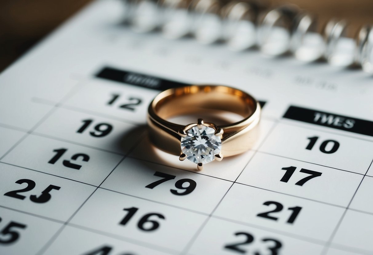 A wedding ring placed on a calendar, with one year marked in bold
