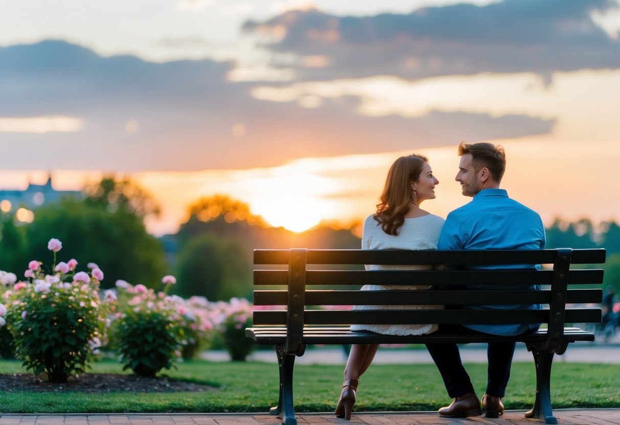 A couple sitting on a park bench, surrounded by blooming flowers and a serene sunset, with the woman looking expectantly at the man