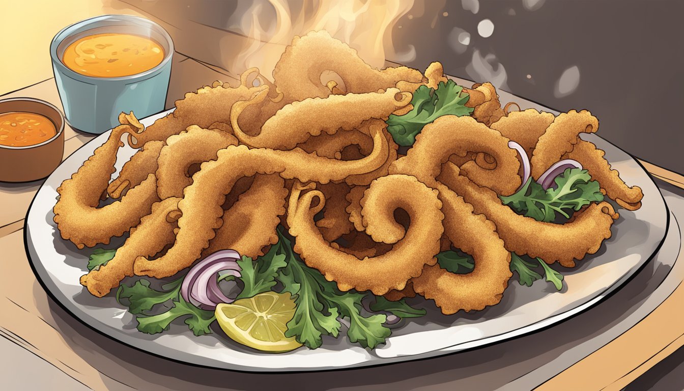 Calamari fritti sizzling in an air fryer, emitting a tantalizing aroma as they reheat to crispy perfection